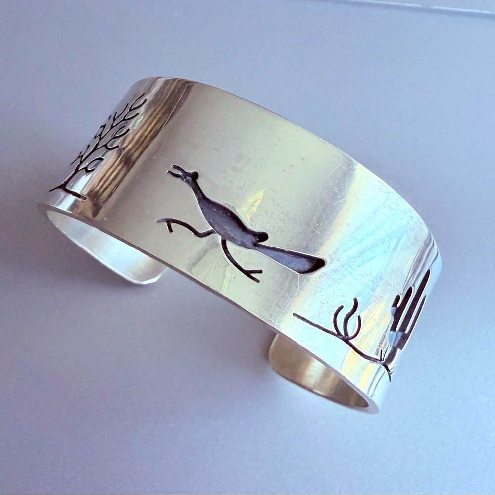 Navajo/ Zuni Road Runner Cactus Desert Petroglyph Cuff Bracelet, Sterlin…